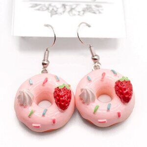Handmade Pink Sprinkled Donut with Strawberry Earrings, New